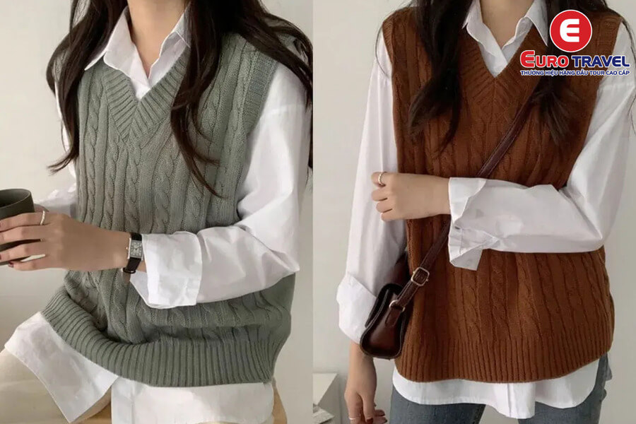 Đi du lịch mặc gì, mặc áo len gile + áo hoặc đầm sơ mi