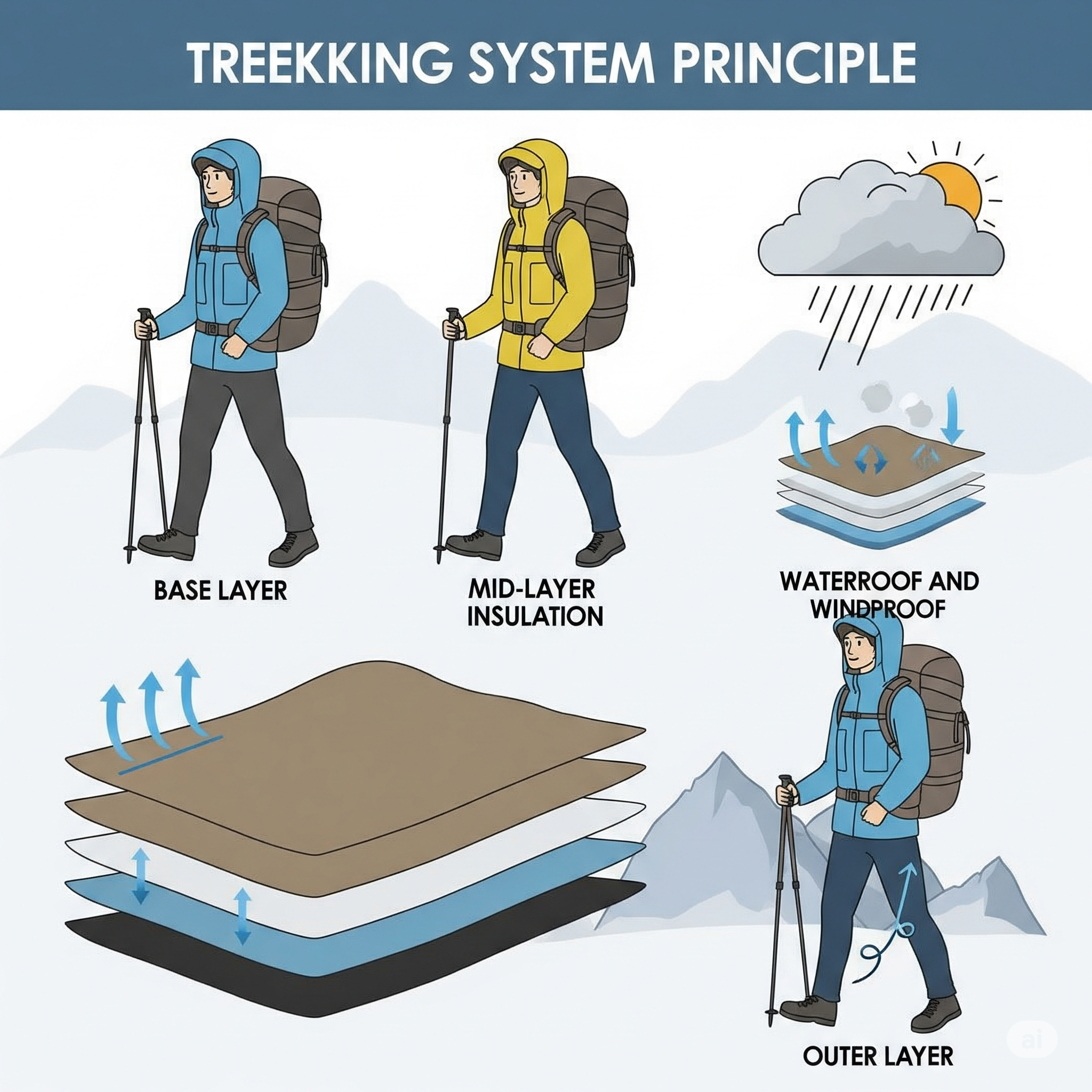 Nguyên tắc lựa chọn quần áo đi trekking: Hệ thống trang phục 3 lớp
