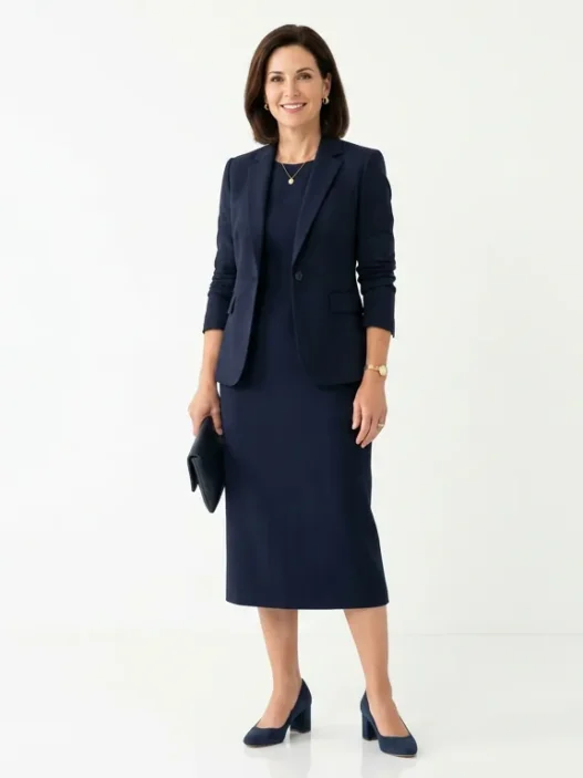 Người phụ nữ mặc váy xanh navy, áo blazer và giày gót thấp trong bối cảnh hội thảo