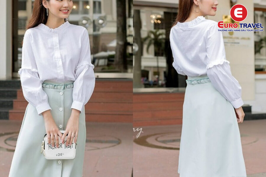 Đi du lịch nên mặc gì? Kết hợp áo phông + chân váy midi