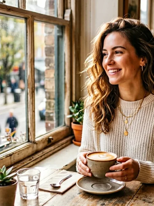 Người phụ nữ ngồi bên cửa sổ quán cà phê sáng sớm với ly cappuccino
