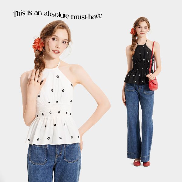 Áo yếm kate thêu hoa smocking eo cùng quần jean
