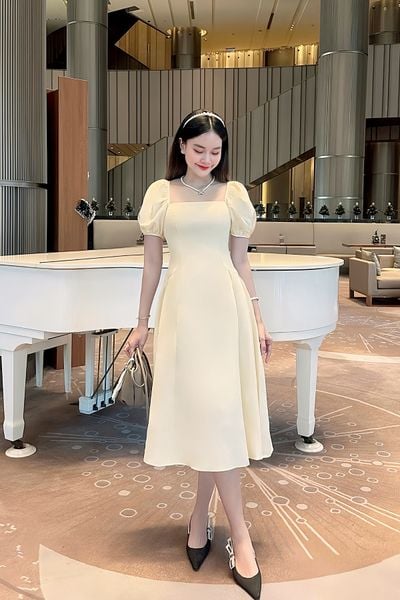 Đầm midi cổ vuông tay phồng rã hông thanh lịch