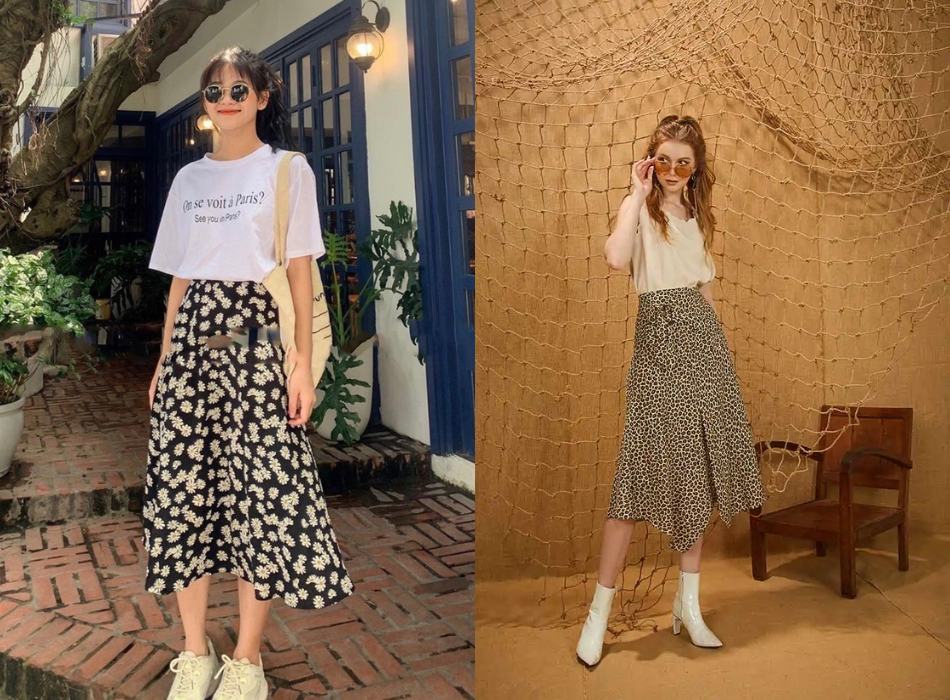 Set đồ đi Đà Lạt cho nữ với áo thun và chân váy hoa nữ tính
