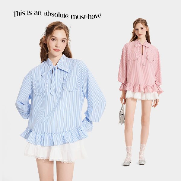 Áo kiểu form rộng tay dài 2 túi phối bèo cùng chân váy