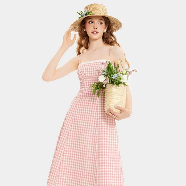 Đầm midi 2 dây caro phối viền ren