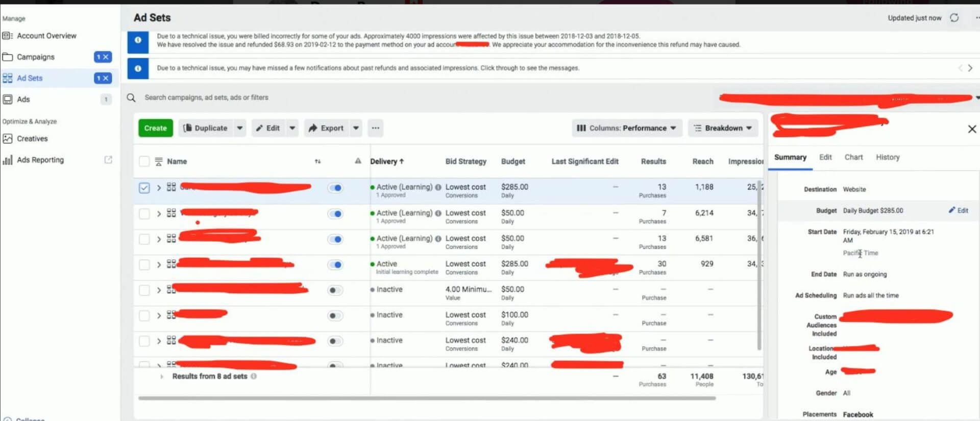 Giao diện Meta Ads Manager với các tùy chọn quản lý chiến dịch quảng cáo cho trung tâm giáo dục