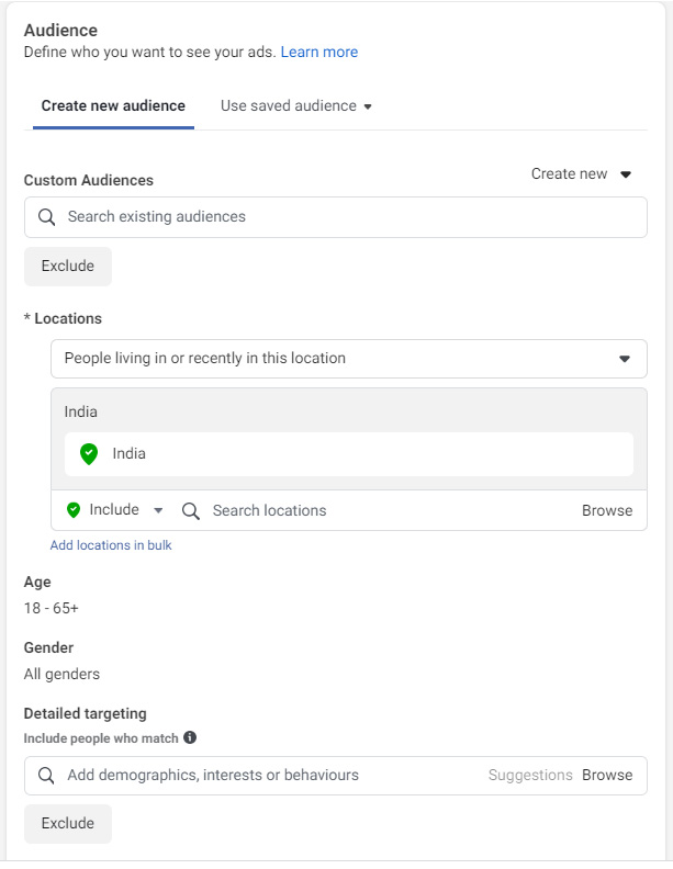 Màn hình chọn đích đến quảng cáo với các tùy chọn website, Instant Experience, cuộc gọi và ứng dụng nhắn tin