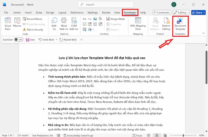 Giao diện áp dụng bộ khung Template cho văn bản đã soạn thảo sẵn