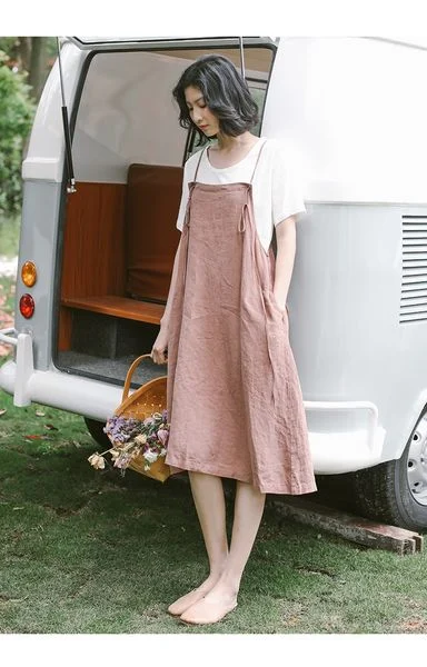 Đầm linen 2 dây phối áo thun