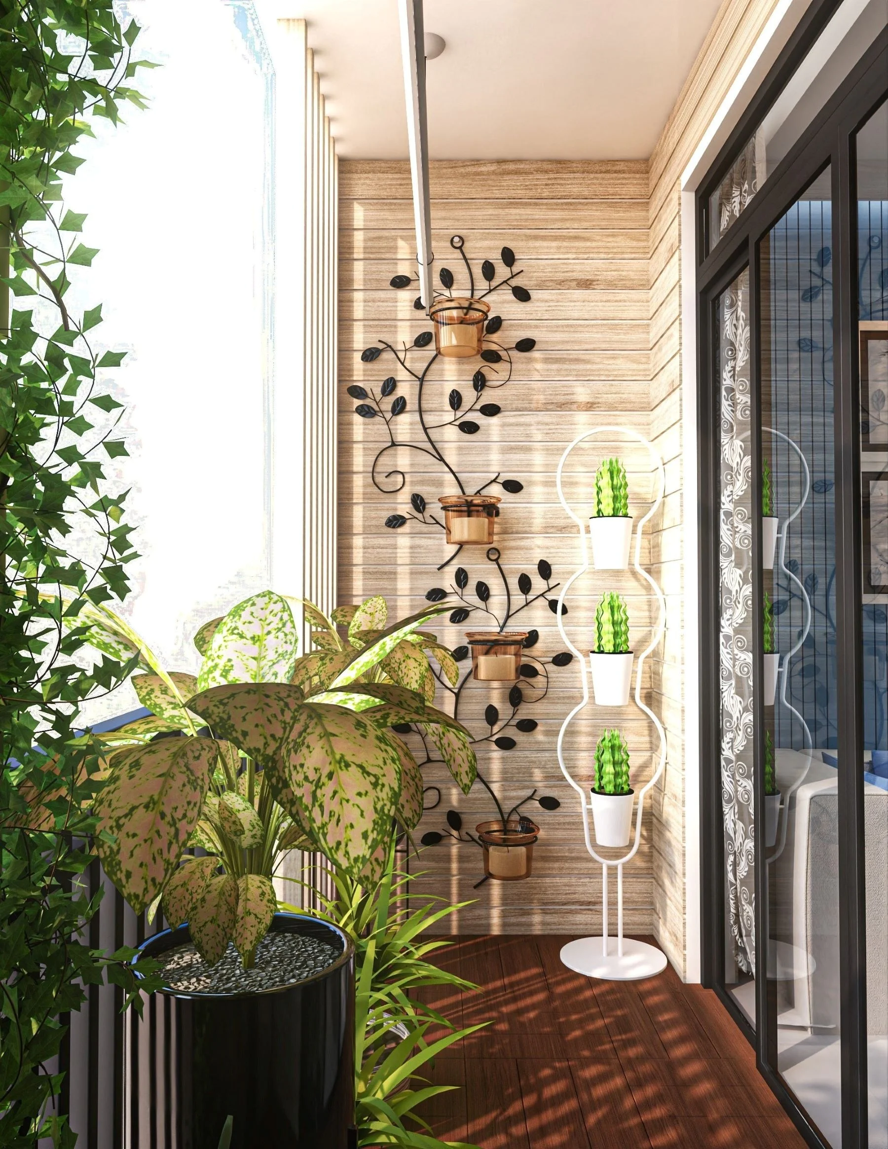 Ban công nhỏ với chi phí trang trí vừa phải, kết hợp cây xanh, thảm outdoor và đèn LED ấm