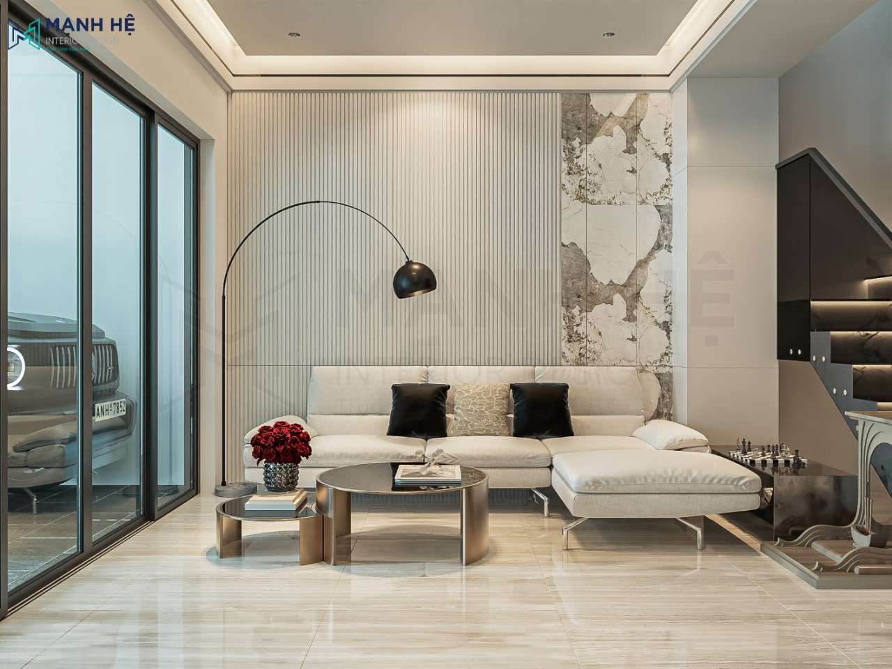 Điểm nhấn không gian phòng khách nhà phố đơn giản là bộ bàn trà ghế sofa chữ L