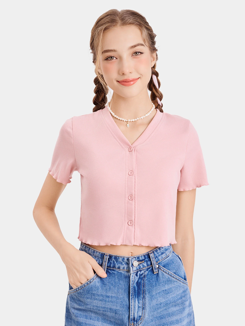 Áo thun crop tay ngắn cổ V cài nút trẻ trung và năng động