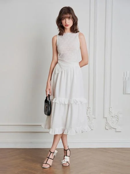 Váy midi lưng thun phối bèo trắng