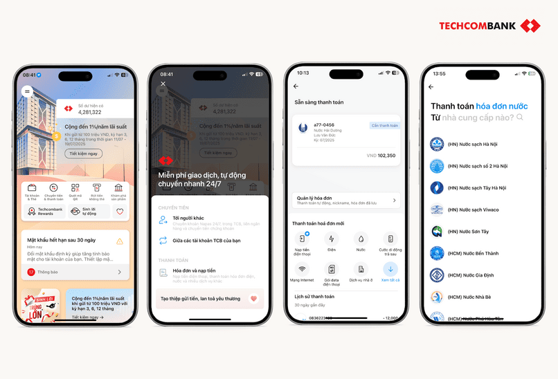 Hướng dẫn thực hiện thanh toán tiền nước online trên Techcombank Mobile