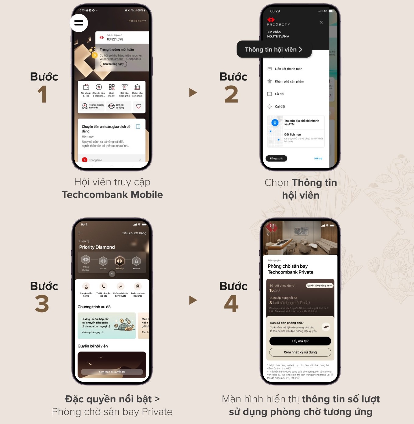 Các bước kiểm tra số lượt phòng chờ trên Techcombank Mobile