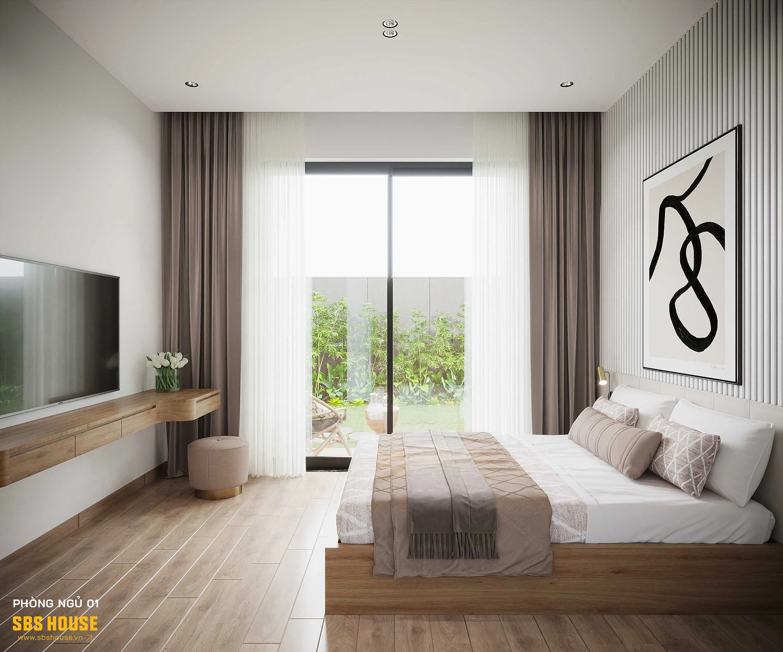 Căn phòng ngủ ấm áp dành cho ông bà với cửa sổ rộng hướng ra khu vườn xanh mát