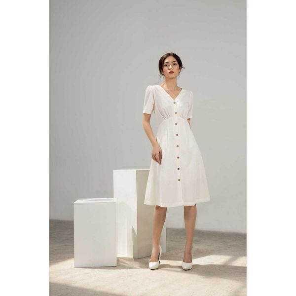 Đầm linen cổ V thanh lịch