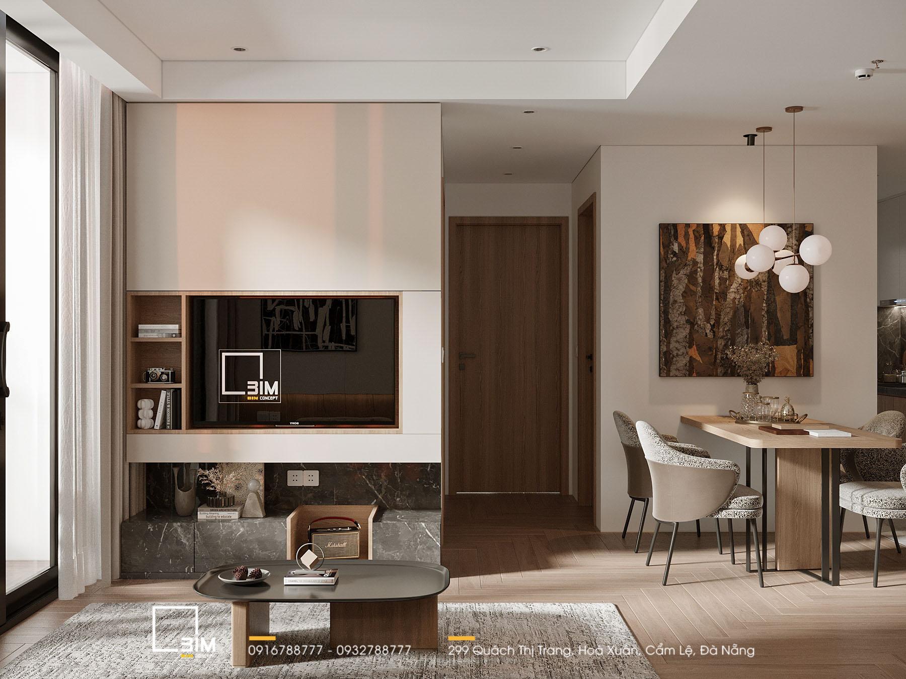 Thiết kế căn hộ nhỏ 30m2 với phòng khách liền kề bàn ăn hiện đại