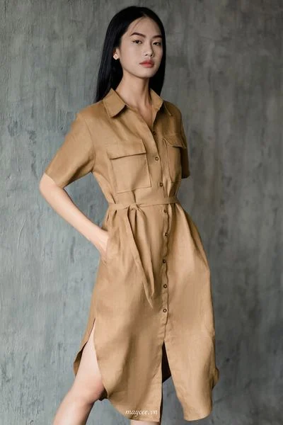 Đầm linen cổ sơ mi thanh lịch