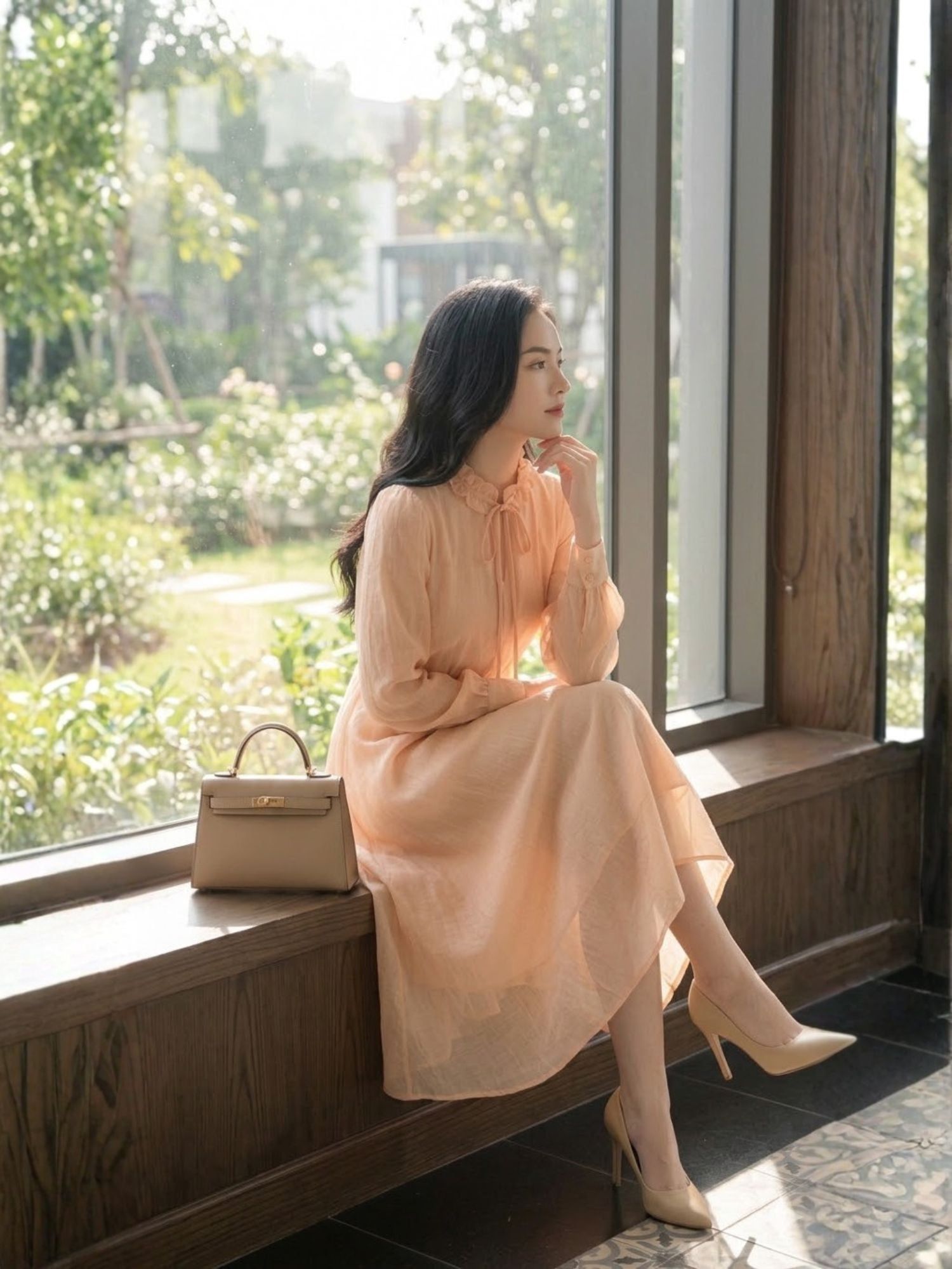 Đầm midi cổ hoa voan thắt nơ tông cam đất thời thượng