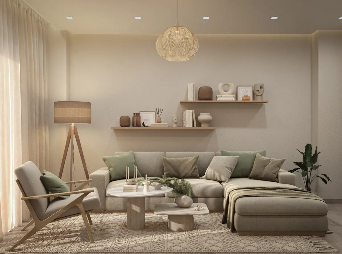 Mẫu phòng khách nhỏ Bắc Âu mang vẻ đẹp nhẹ nhàng với thiết kế trần thạch cao dạng phẳng cùng hệ đèn led âm giúp tổng thêm thêm phần hài hòa