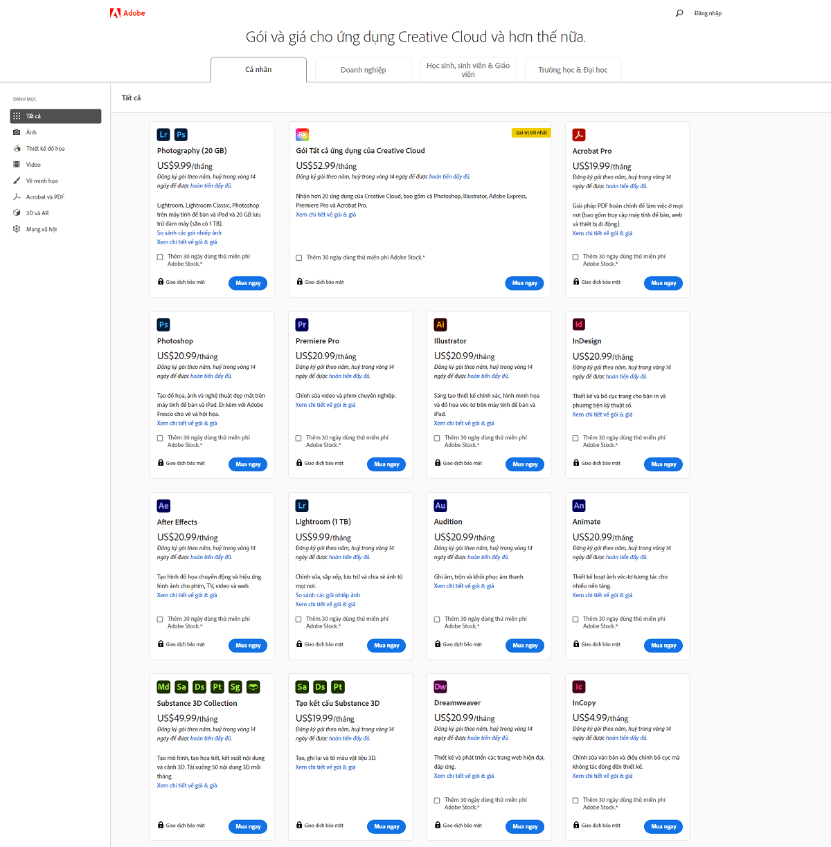 Ví dụ trang gói cước Adobe