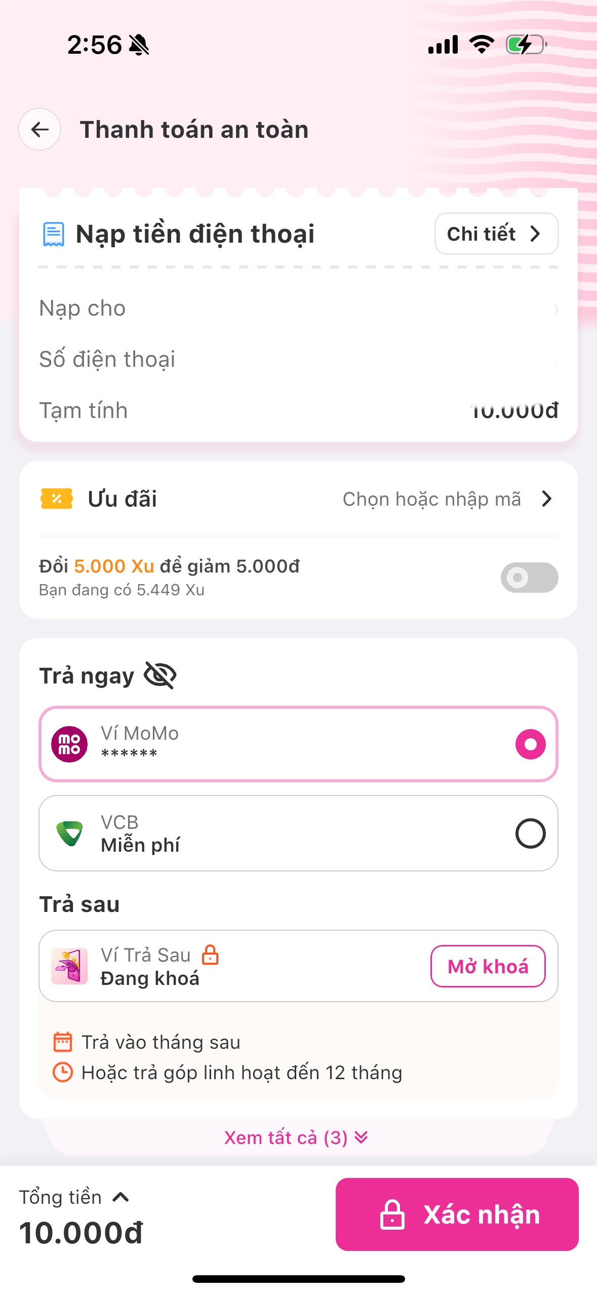 Bật công tắc dùng MoMo Xu ở màn hình thanh toán