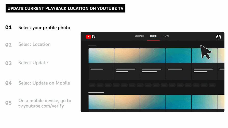Giao diện cập nhật vị trí trên YouTube TV