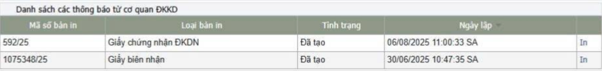 Kết quả đăng ký doanh nghiệp được cập nhật trên tài khoản đã tạo