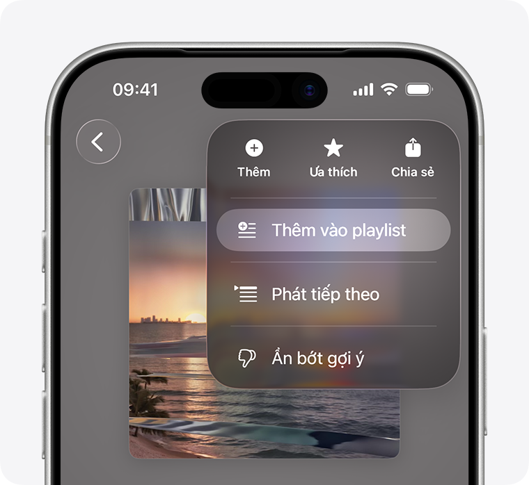 Menu tùy chọn của bài hát với nút Thêm vào playlist được tô sáng