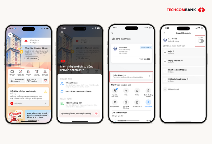 Hướng dẫn kích hoạt Autobill trên Techcombank Mobile