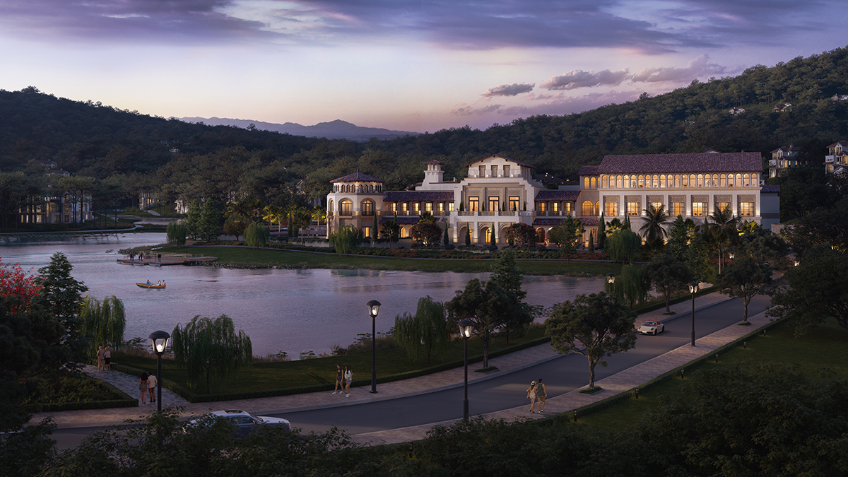 Không gian nội khu Country Clubhouse với kiến trúc mở kết nối vào khu xanh trung tâm