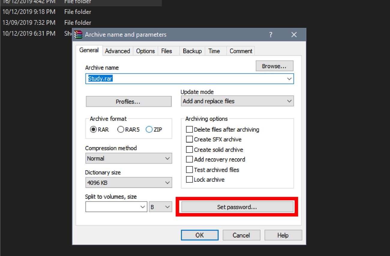 Chọn Set password để cài đặt mật khẩu bảo vệ file nén
