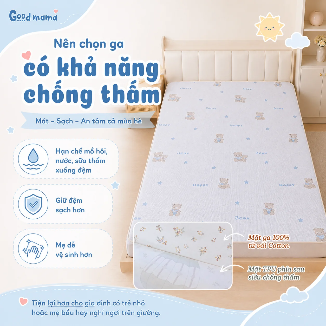 Chọn bề mặt ga mịn, chăn mỏng và kích thước đúng