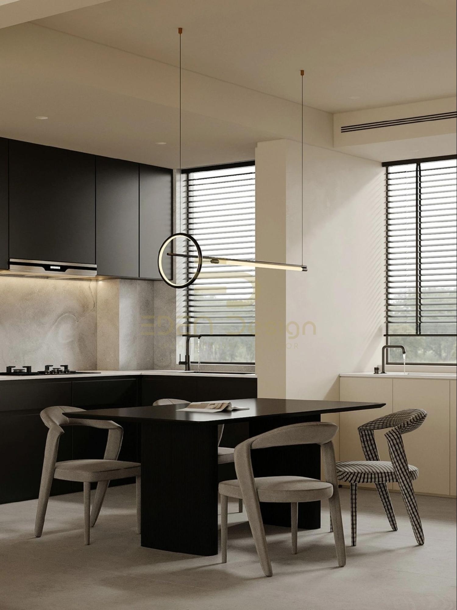 Bàn ghế được bố trí ở vị trí hợp lý chia rõ ràng 2 khu vực ăn uống và nấu nướng