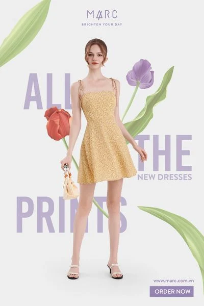 Đầm mini họa tiết thắt nơ vai smocking lưng