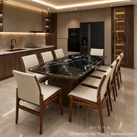 Bàn ăn gỗ kết hợp mặt đá 8 ghế với chiều dài hơn 2 mét