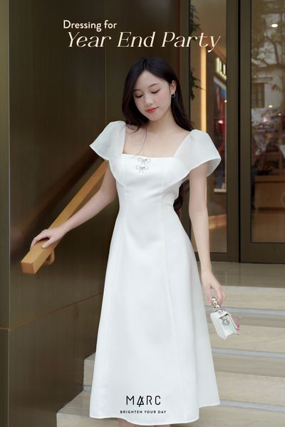 Đầm midi cổ vuông tay cánh tiên