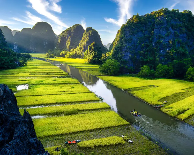Tam Cốc Bích Động với các thuyền đạp dọc theo sông Ngô Đồng giữa những ngọn núi đá vôi