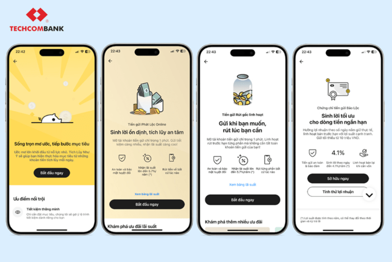 Giao diện gửi tiết kiệm online và các gói sản phẩm tiết kiệm