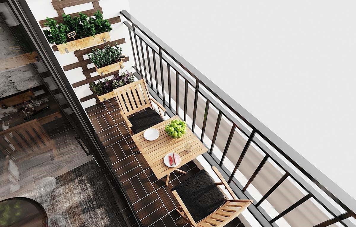 Bàn trà đặt sát lan can cho ban công chung cư