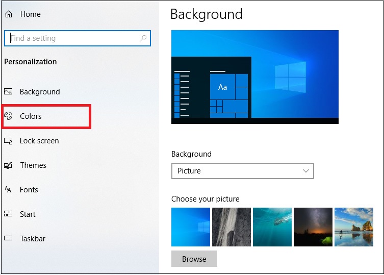 Bước 3: Chọn tab Colors trong menu