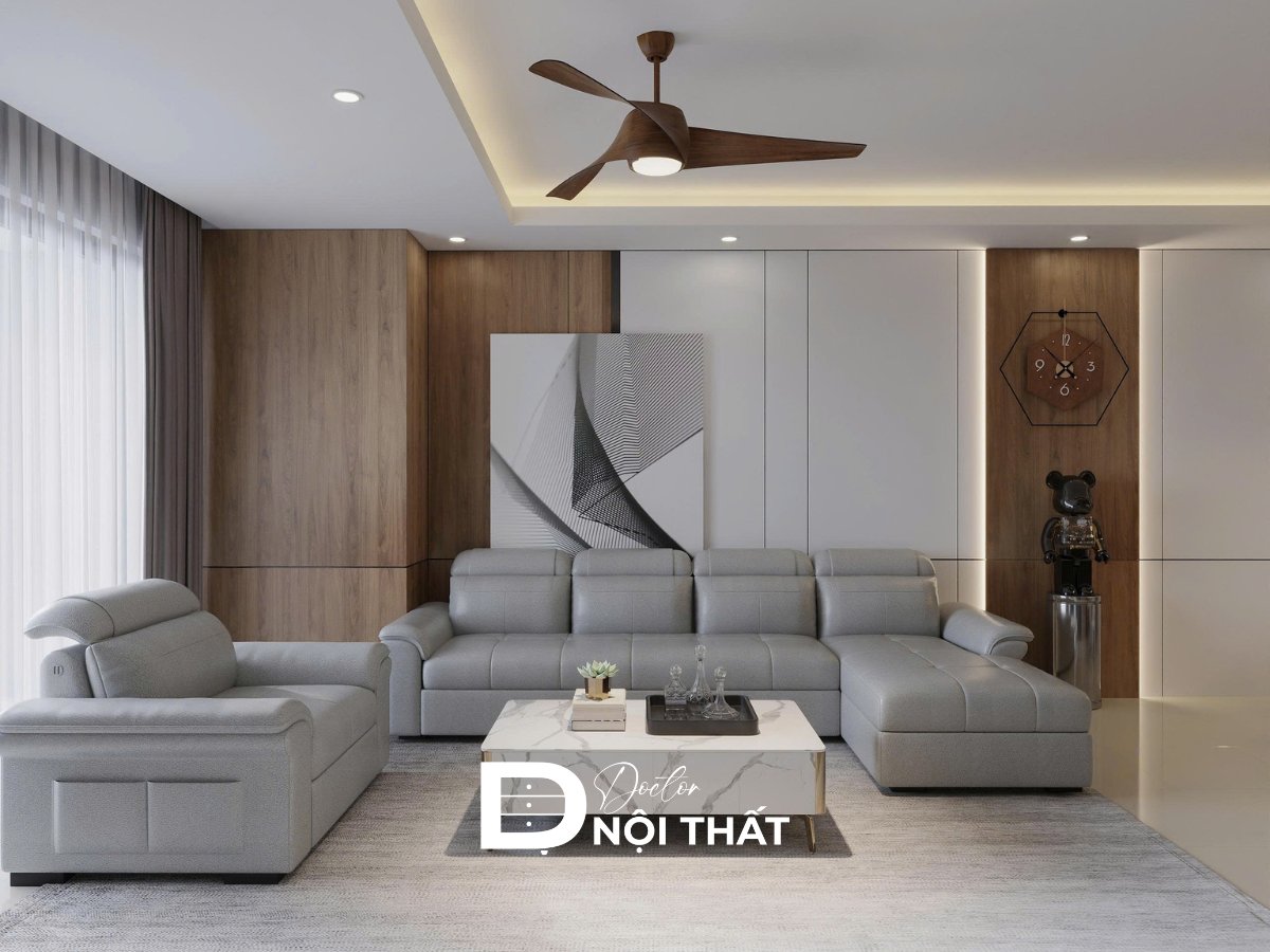 Phòng khách đẹp đơn giản với sofa và rèm cửa