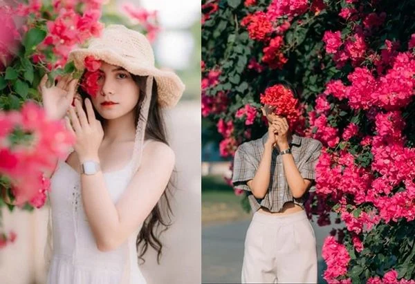 Góc chụp cành hoa giấy che mặt tạo nét e ấp