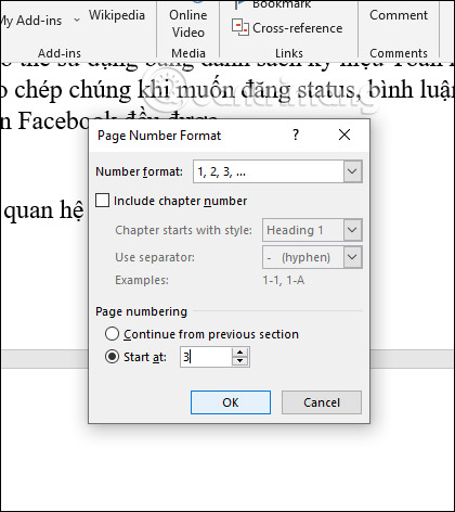 Chọn số thứ tự trang bắt đầu