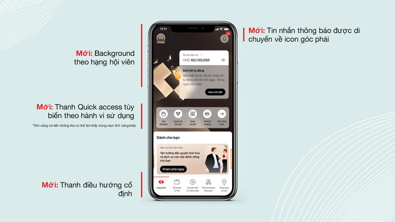 Điều hướng thông minh trên Techcombank Mobile giúp thao tác nhanh và ít bước hơn
