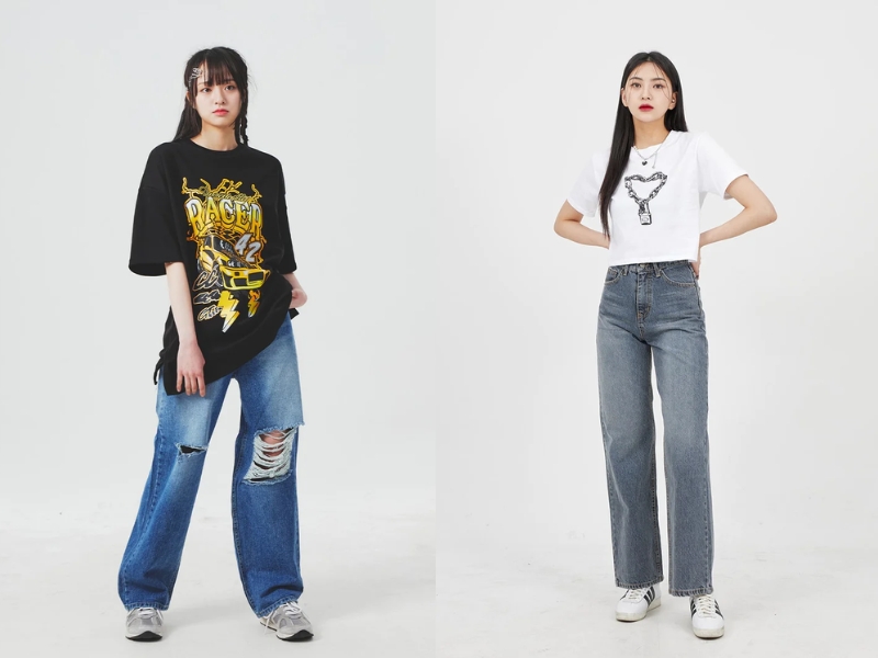 Giày sneaker phối cùng quần jeans và áo thun