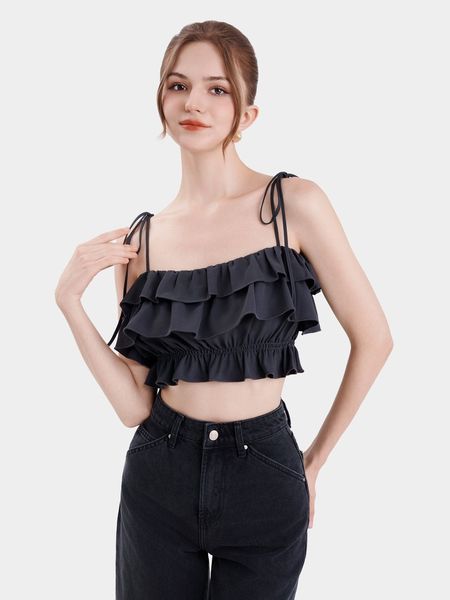 Áo 2 dây croptop phối bèo nhún thun eo màu đen