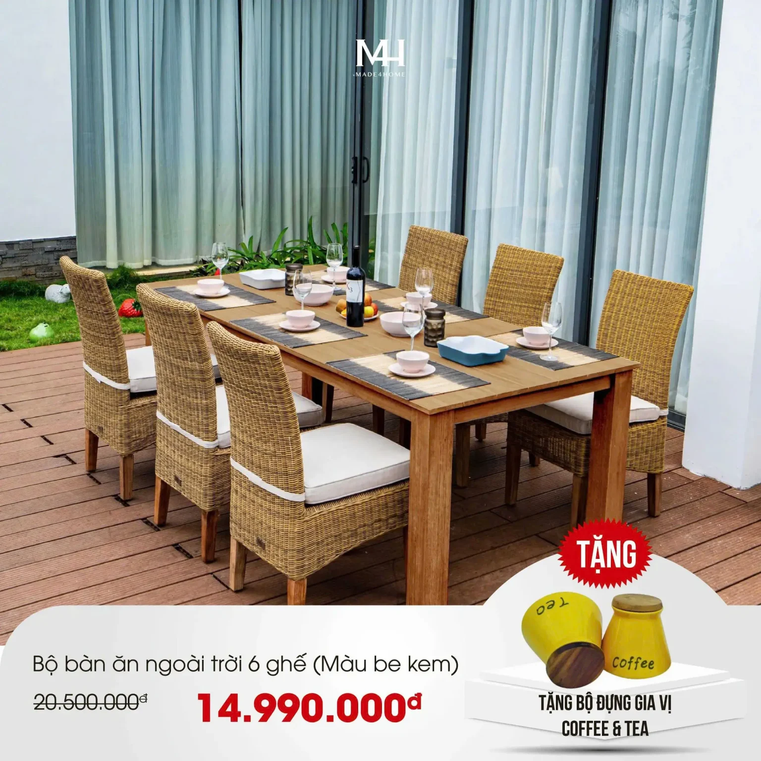 Bộ bàn ăn ngoài trời 6 ghế – Gỗ Keo & Mây Nhựa Cao Cấp